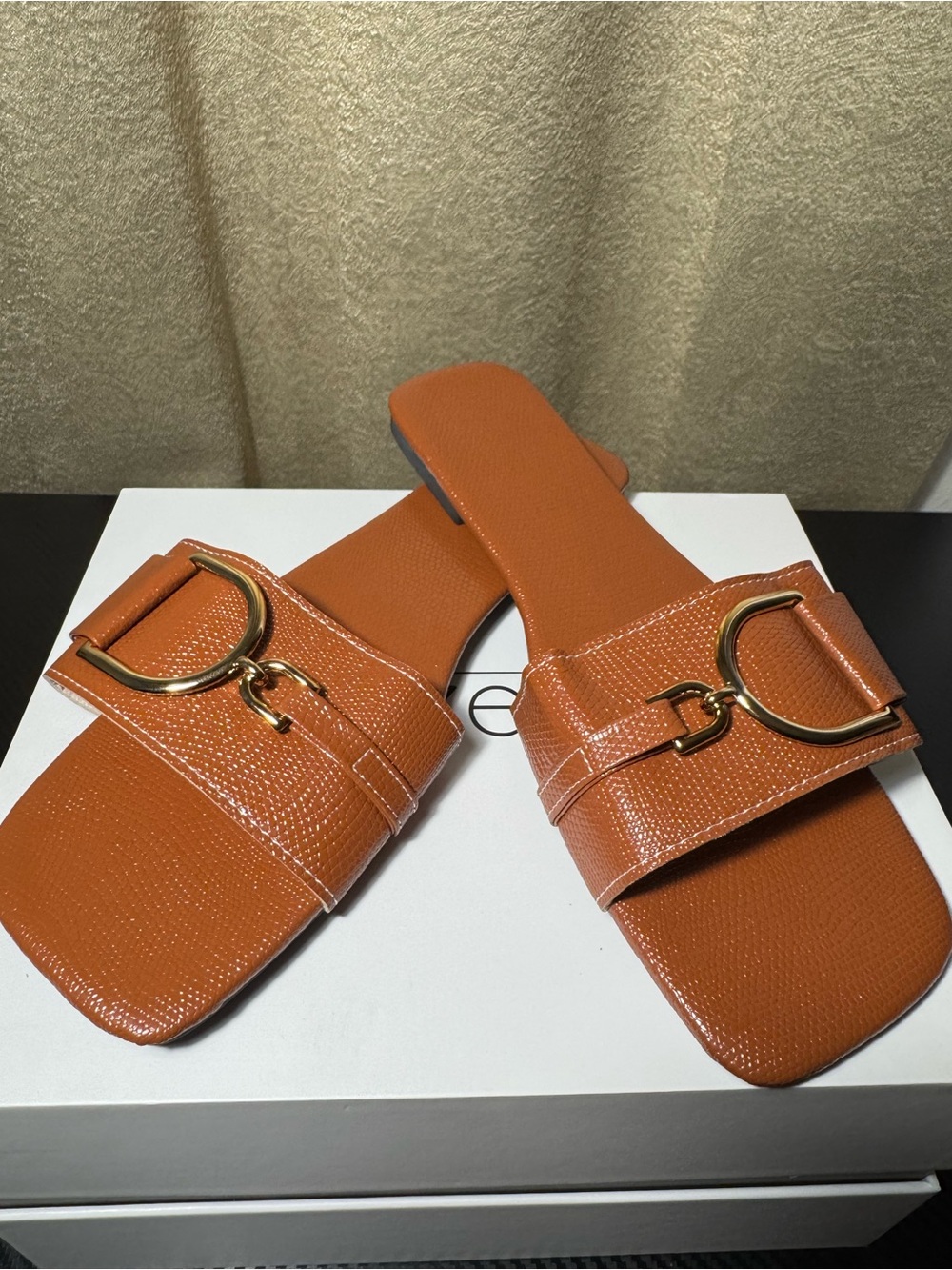 Women’s Orange Slide Sandals with Gold Buckle